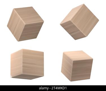 Set aus 3D-Holzwürfeln, isoliert auf weißem Hintergrund. Vektor realistische Illustration von kubischen Blöcken aus natürlichem Holz mit Eiche Textur, Kinderspielzeug Mockup für Bildung, Bauziegel, Seitenansicht Stock Vektor