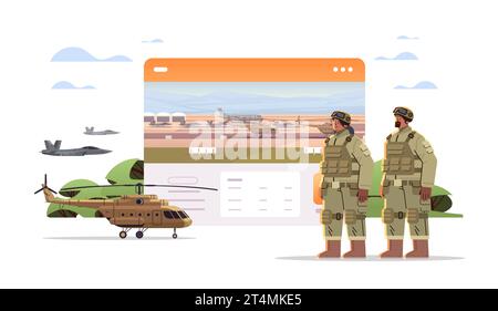 Militärsoldaten in Tarnhelm und Rettungsweste stehen zusammen Militärdienst Happy Labor Day Celebration Konzept Stock Vektor