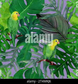 Nahtloses Aquarellmuster mit Vögeln im tropischen Wald. Aquarell handgezeichnet grüne exotische Pflanzenblätter und Taubvögel. Design für Deckblätter, Hintergrund Stockfoto