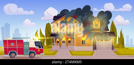 Feuerwehrauto in der Nähe des brennenden Hauses. Vektor-Cartoon-Illustration von Flamme und Rauch, der von Vorstadthütte, Feuerwehrfahrzeug, Rettungsteam auf Notruf, Stadtlandschafthintergrund, Wolken im Himmel aufsteigt Stock Vektor