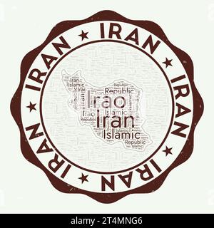 Iran-Logo. Attraktives Länderabzeichen mit Wortwolke in Form des Iran. Rundes Emblem mit Ländername. Elegante Vektorillustration. Stock Vektor