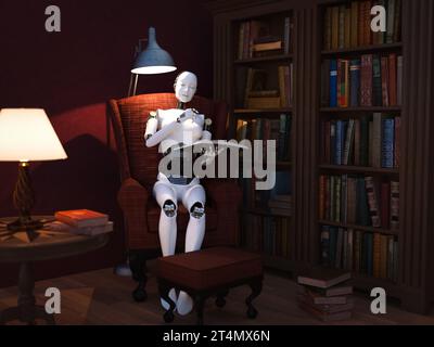 3D-Rendering eines weiblichen Roboters, der in einem Sessel in einem gemütlichen Raum sitzt und ein Buch in der Hand hält, das sie liest. Futuristische Buchlesung, Geschichtenzeit Stockfoto