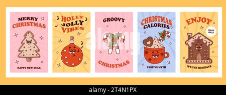 Weihnachten groovige Banner Set Vektor. Retro-Zeichentrickfiguren Lebkuchenhaus und -Baum, Silvester-Baumkugel, roter Kakao und Karamellstab. Vibes po Stock Vektor