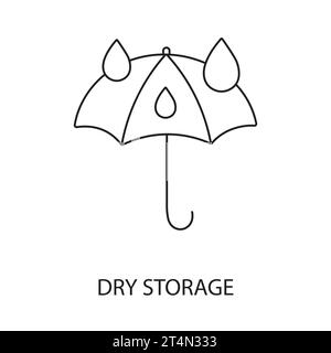 Lagerung an einem trockenen Ort Linienvektor für Lebensmittelverpackungen, Illustration eines Regenschirms, auf den Tropfen Wasser fallen, vor Feuchtigkeit schützen. Stock Vektor