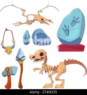 Historisches archäologisches Museum Elemente Set. Cartoon Vektor-Illustrationen von Dinosaurierskeletten, Fußabdrücke prähistorischer Tiere und Ammoniten in Stein, Werkzeuge und Schmuck von alten Menschen. Stock Vektor