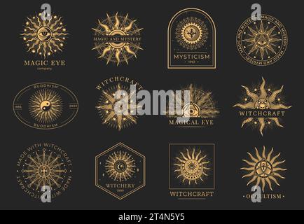 Okkulte, Hexerei und magische Symbole oder Symbole. Esoterische Zeichen, Tarotkarten Arcana, Hexerei oder maurer okkulte Umrissvektorschilder mit Sonne, All-Seeing Eye, Yin und Yang Symbole, ägyptische Ankh Stock Vektor