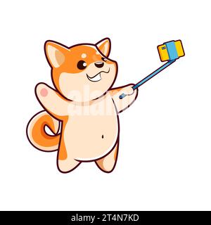 Cartoon Kawaii das süße Haustier shiba inu Hund und Welpe Figur macht ein Selfie. Isolierter Vektor, der mit seiner Pfote und seinem Schwanz wackelt, hält einen verspielten Moment voller furchtbarem Charme und entzückendem Ausdruck fest Stock Vektor