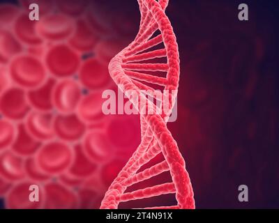 DNA und Blutzellen auf dunklem Hintergrund. 3D-Rendering Stockfoto