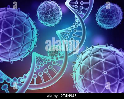 Humaner DNA-Strang mit Viruszellen. Medizinischer Hintergrund. 3D-Abbildung Stockfoto