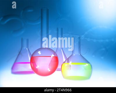 Laborkolben auf wissenschaftlichem Hintergrund. 3D-Abbildung Stockfoto