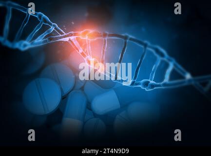 DNA auf Arzneimittelkapseln Hintergrund. 3D-Abbildung Stockfoto