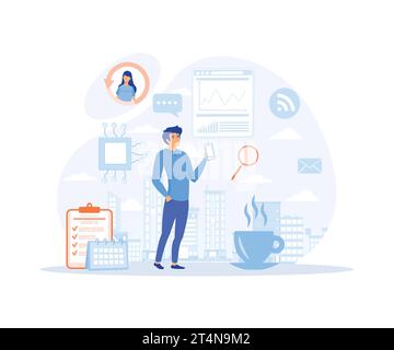 Business Intelligence Konzept, Geschäftsmann hält moderne Lünette freies Smartphone, flache Vektor moderne Illustration Stock Vektor