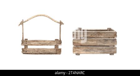 Aquarellzeichnung von Holzkisten, isolierten Elementen auf weiß, handgezeichnet. Es kann für den Druck und das Grafikdesign, für Postkarten verwendet werden. Stockfoto