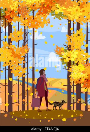 Poster Herbstlandschaft. Frau im Herbstmantel, die mit dem Hund geht Stock Vektor