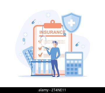 Krankenversicherungskonzept, Mann füllt Krankenversicherungspolice Vertrag aus und berechnet die Zahlung, flache Vektor moderne Illustration Stock Vektor