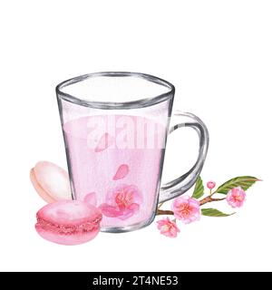 Handgezeichnete Aquarellillustration. Glasbecher mit Sakura-Tee, Makronen und Sakura-Zweig Stockfoto