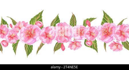 Handgezeichnete Aquarellillustration. Nahtlose Blumengirlande mit Sakura-Blüten, Knospen und Blättern Stockfoto