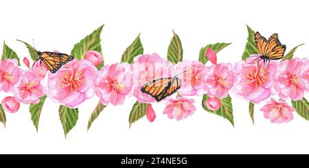 Handgezeichnete Aquarellillustration. Nahtlose Blumengirlande mit Sakura-Blüten, Knospen und Blättern und Schmetterlingen Stockfoto