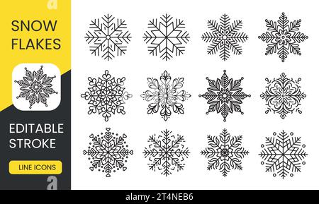 Entdecken Sie die Kollektion eleganter Vektorschneeflocken mit komplizierten Spitzenmustern. Diese Schneeflocken-Symbole im linearen Stil sind perfekt für Winter, Neujahr, Stock Vektor