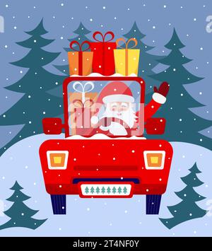 Weihnachtsmann fährt rotes Auto Stock Vektor