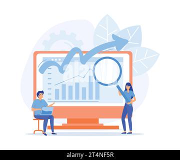 Digitales Marketing und Werbung, Charaktere, die Diagramme analysieren, Diagramme und Marketingstrategie planen, um Geschäftsziele zu erreichen. Flacher Vektor moderne Beleuchtung Stock Vektor