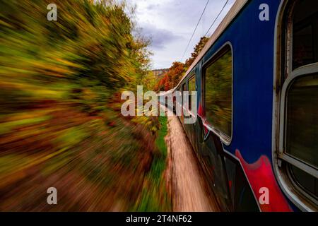 Wir reisen mit dem Zug von Veliko Tarnovo zum Bahnhof Kravets für eine organisierte Wanderung mit über 300 Personen mit einer Länge von 26 km Stockfoto