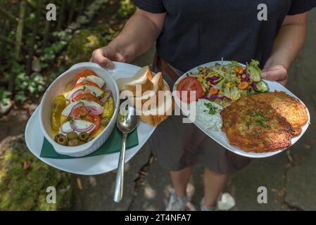 Ein Kellner serviert vegetarische Speisen in einem Gartenrestaurant in Erlangen, Mittelfranken, Bayern, Deutschland Stockfoto
