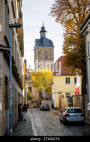 HERBST IN ERFURT 01/11/2023 - Erfurt: Ein Baum mit bunt gefärbten Blättern im Herbst vor der St. Nicolai und Jacobi Kirche Schottenkirche in Erfurt am 1. November 2023./                    *** HERBST IN ERFURT 01 11 2023 Erfurt Ein Baum mit bunten Blättern im Herbst vor der St. Nicolai- und Jacobi-Kirche in Erfurt am 1. November 2023 Credit: Imago/Alamy Live News Stockfoto