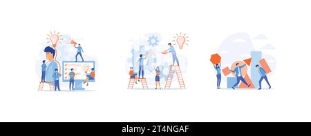 Das Team der Informationsposter arbeitet an der Idee zur Umsetzung. Teamwork zum Finden neuer Ideen, Teamwork-Zusammenarbeit, kollektive Arbeit, Partnerschaft, flacher Vektor setzen Stock Vektor