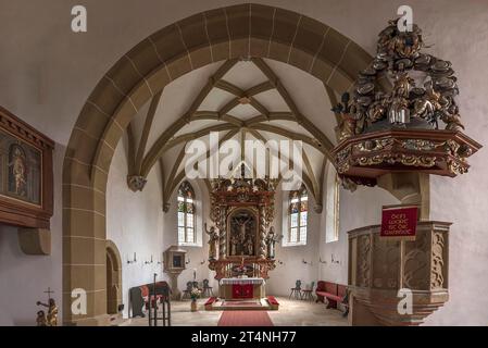 Kirche St. Johannes der Täufer, Spätgotik, Altar 1723, Limmersdorf, Oberfranken, Bayern, Deutschland Stockfoto