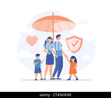 Kranken- und Lebensversicherungskonzept, Familie steht unter Versicherungsschirm zusammen. Schildschutz für Eltern und Kinder, Flachvektor Modern i Stock Vektor