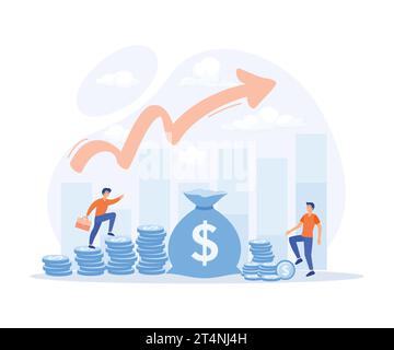 Business Growth Concept, Business People, die auf Münzen vor einem wachsenden Aufwärtsdiagramm stehen, flache Vektorgrafik, moderne Illustration Stock Vektor