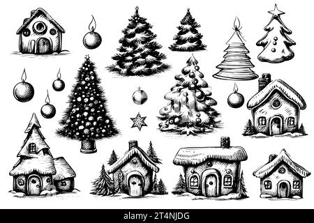 Legen Sie handgezeichnete Skizzen fest. Niedliches Cottage Weihnachtsbaum und Utensilien Frohe Weihnachten und Happy New Year. Designs für Winterferien. Stock Vektor