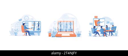 Vektorkonzept für Videokonferenzen und Online-Kommunikation. Arbeiten Sie von zu Hause aus und von überall aus, stellen Sie flache Vektor-moderne Illustration Stock Vektor