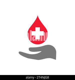 Symbol für Blutspendevektor. Tropfen und Hand, Blut spenden Symbol. Stock Vektor