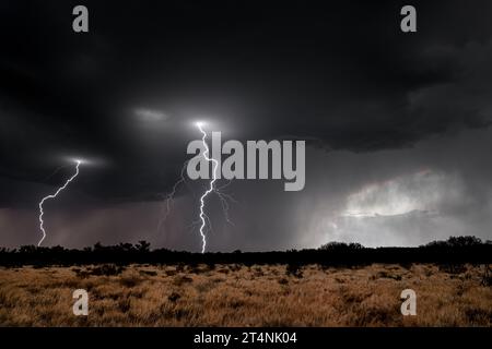 Seltene Gewitter und Blitze in der Wüste Zentralaustraliens. Stockfoto