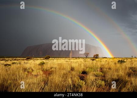 So ein seltener Anblick, den berühmten Uluru bei Regen und unter einem doppelten Regenbogen zu sehen. Stockfoto