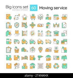 Editierbare, mehrfarbige große Symbole, die für das Verschieben des Service festgelegt sind Stock Vektor
