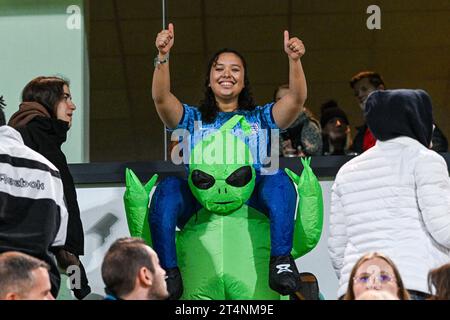 Leuven, Belgien. 31. Oktober 2023. Unterstützer England wurde während eines Spiels zwischen den belgischen Nationalmannschaften, den Red Flames, und England, den Lionesses, im Spiel 4/6 der UEFA Women's Nations League 2023-24, am Dienstag, 31. Oktober 2023 in Leuven, Belgien, dargestellt. Foto Stijn Audooren | Credit: Sportpix/Alamy Live News Stockfoto