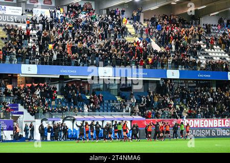 Leuven, Belgien. 31. Oktober 2023. Das belgische Team feierte nach einem Spiel zwischen den belgischen Nationalmannschaften, den Red Flames, und England, die Lionesses, im Spiel 4/6 im UEFA Women's Nations League-Wettbewerb 2023-24, am Dienstag, 31. Oktober 2023 in Leuven, Belgien. Foto Stijn Audooren | Credit: Sportpix/Alamy Live News Stockfoto