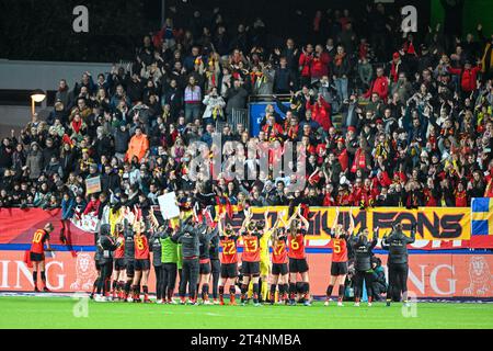 Leuven, Belgien. 31. Oktober 2023. Das belgische Team feierte nach einem Spiel zwischen den belgischen Nationalmannschaften, den Red Flames, und England, die Lionesses, im Spiel 4/6 im UEFA Women's Nations League-Wettbewerb 2023-24, am Dienstag, 31. Oktober 2023 in Leuven, Belgien. Foto Stijn Audooren | Credit: Sportpix/Alamy Live News Stockfoto