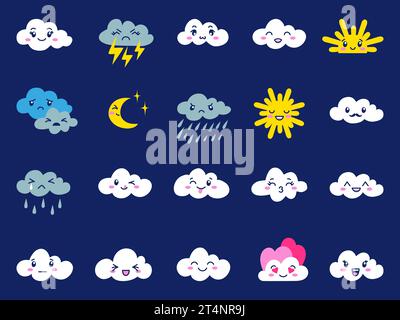 Wetter-Kawaii-Zeichen Symbole. Emotionale Wolken, Schnee und Sonne, Wind und Regentage. Cartoon Meteorologie neoterische Vektormaskottchen Stock Vektor