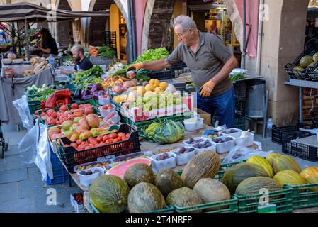 Detail eines Obst- und Gemüsestands auf dem Wochenmarkt auf dem Hauptplatz der Piazza de la la la Vic (Osona, Barcelona, Katalonien, Spanien) Stockfoto