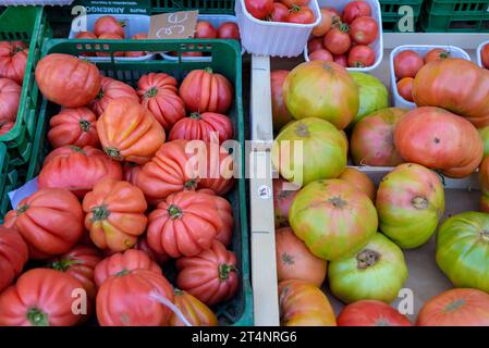 Detail eines Obst- und Gemüsestands auf dem Wochenmarkt auf dem Hauptplatz der Piazza de la la la Vic (Osona, Barcelona, Katalonien, Spanien) Stockfoto