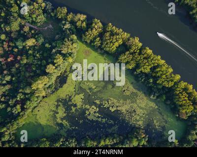 VERTIKALE ANTENNENANSICHT. Dreieckiger Teich mit grünen Algen am linken Moselufer, vorbeifahrendes Außenboot. Moulins-lès-Metz, Frankreich. Stockfoto