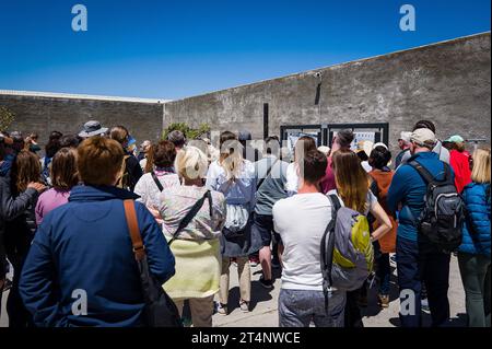 29.10.2023, xovx, Politik, Reise. Robben Island - Gefängnisinsel vor Kapstadt Besuchergruppe und Schaubild Nelson Mandelas im Gefängnishof des Zellenblocks des Hochsicherheitstrakts auf der Gefängnisinsel Robben Island vor der Küste von Kapstadt, in dem Nelson Mandela über 18 Jahre seiner Gefangenschaft in Einzelhaft inhaftiert wurde. Der spätere Präsident Südafrikas Nelson Mandela verbrachte hier von 1964 bis 1982 seiner insgesamt 27-jährigen Gefangenschaft, zumeist bei Einzelhaft und unmenschlichen Bedingungen. Robben Island ist eine Insel zwölf Kilometer vor der südafrikanischen Stadt Kapst Stockfoto