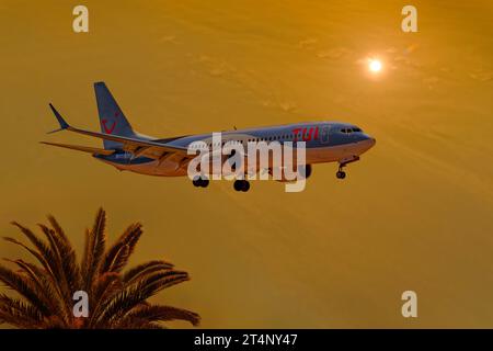 TUI Boeing 737 MAX 8 beim Landeanflug. Stockfoto