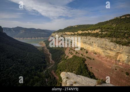 Blick von Morro de l'Abella auf den Sau-Stausee, fast leer aufgrund der Dürre von 2022-23, in Collsacabra (Osona, Barcelona, Katalonien, Spanien) Stockfoto