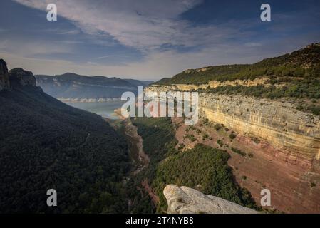 Blick von Morro de l'Abella auf den Sau-Stausee, fast leer aufgrund der Dürre von 2022-23, in Collsacabra (Osona, Barcelona, Katalonien, Spanien) Stockfoto