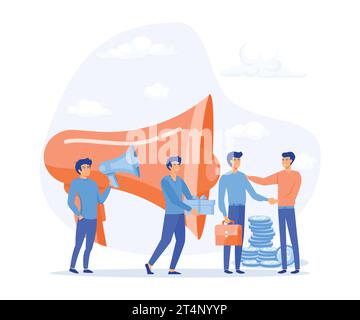 Das Konzept „Freunde werben“, die Leute rufen das Megafon an und empfehlen einen Freund, um eine Belohnung zu erhalten, eine moderne flache Vektordarstellung Stock Vektor